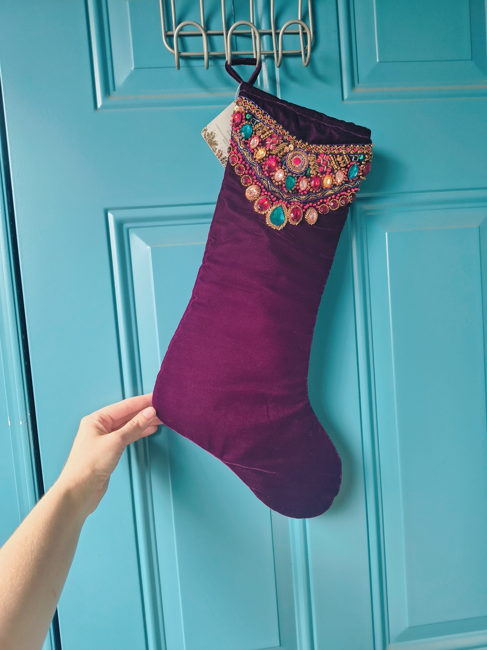 Bejeweled Plum Velvet Holiday Stocking with Gem Cuff